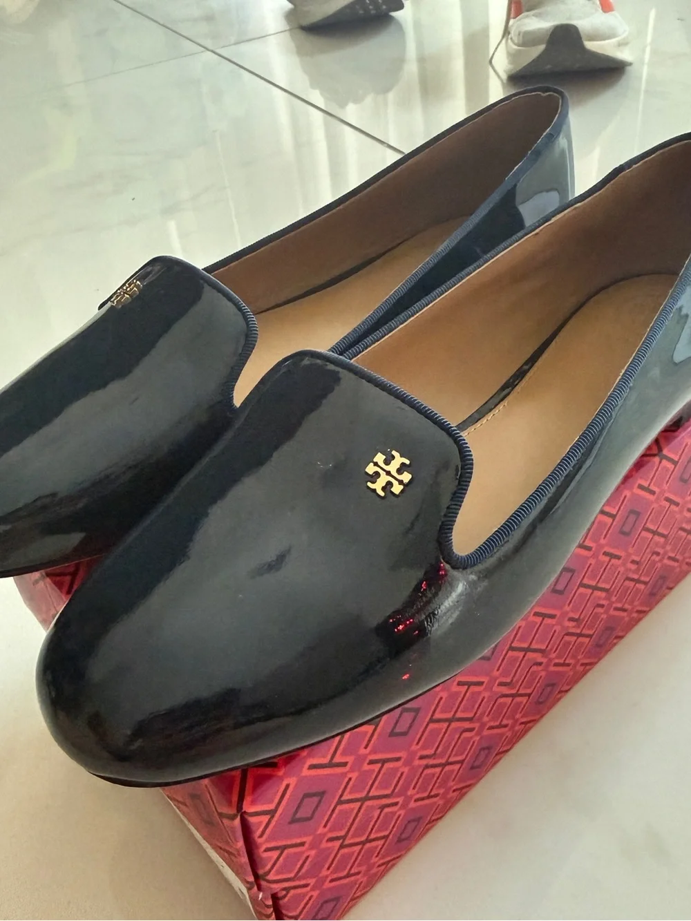 Tory Burch Black Patent Leather Smoking Slippers with Gold Logo